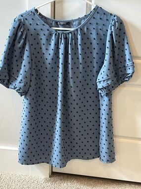 BloomChic Light Blue Puff-Sleeve Dot Blouse